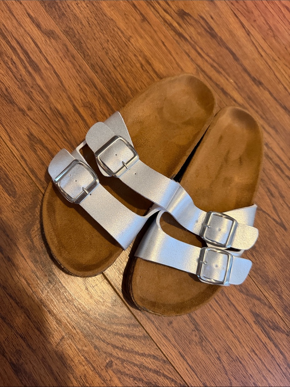 Women Double-Buckle Slide Sandals in Silver